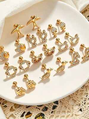 Simple and Light Luxury Diamond Dinosaur Multi-Animal Shape Earrings Stainless Steel 18K Gold Plating Exquisite Petite Earrings