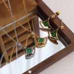 Thai Vietnam Green Laser Flash Zircon Ginkgo Leaf Necklace Personalized Leaf Earrings Jewelry Set