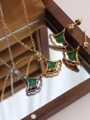 Thai Vietnam Green Laser Flash Zircon Ginkgo Leaf Necklace Personalized Leaf Earrings Jewelry Set