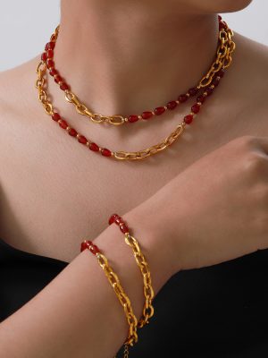 Guoxin Chinese Temperament Elegant Accessories Red Agate Garnet Beaded Design Stainless Steel Gold-Plated Jewelry Suit