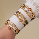 New 5A Zircon Flower Ladybug Hollow Three-Layer Open-Ended Bracelet Stainless Steel Plated 18K Gold Color Protection
