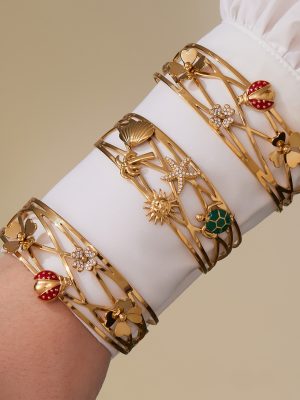 New 5A Zircon Flower Ladybug Hollow Three-Layer Open-Ended Bracelet Stainless Steel Plated 18K Gold Color Protection