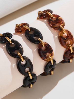Amber Resin Coffee Bean Bracelet 18K Gold Plating All-Match Light Luxury Stainless Steel Pig Nose Jewelry
