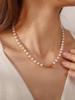 White Pearl Golden Balls Stitching Necklace Elegant Simple Design Daily Wear Light Luxury Clavicle Chain