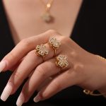 Rotatable Super Flash 5A Zircon Four-Leaf Flower Necklace Ring Stud Earrings Elegant Stainless Steel Women's Suit