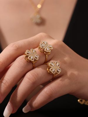 Rotatable Super Flash 5A Zircon Four-Leaf Flower Necklace Ring Stud Earrings Elegant Stainless Steel Women's Suit