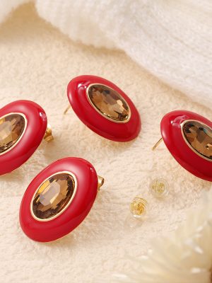 Red Oil Dripping Glass Stone round Studs French Vintage Earrings Advanced Simple Temperament