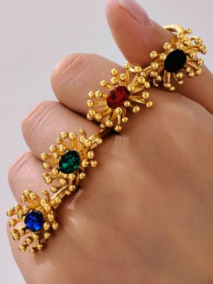 Personalized Flower Core Zircon Opening Rings Ear Studs Stainless Steel 18K Real Gold Light Luxury Suit