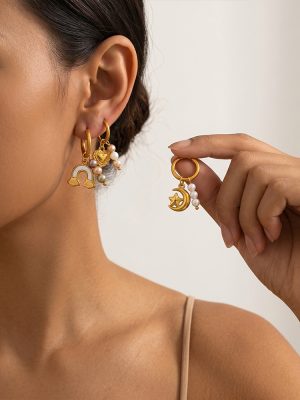Light Luxury Star Moon Love Pearl Pendant Earrings Stainless Steel 18K Gold Plating Ins Female