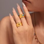 Stainless Steel Turquoise Tigereye Twist Pattern Ring Female PVD Electroplated Real Gold Color Retention Little Finger Ring