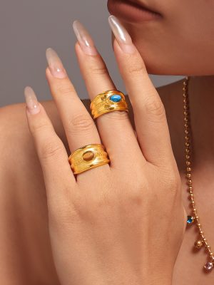 Stainless Steel Turquoise Tigereye Twist Pattern Ring Female PVD Electroplated Real Gold Color Retention Little Finger Ring
