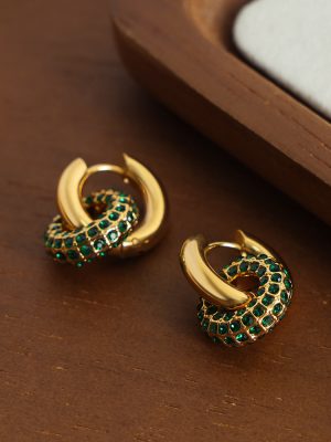 New High-Grade Light Luxury Personality Retro Stainless Steel Gold-Plated Diamond-Embedded round All-Match Earrings Ornament Women