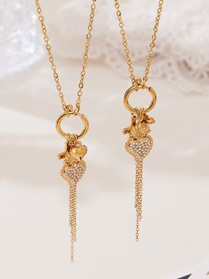 Elegant Cross Full Zirconium Love Pendant Clavicle Chain Plated 18K Real Gold Tassel Circular Ring Stainless Steel Necklace