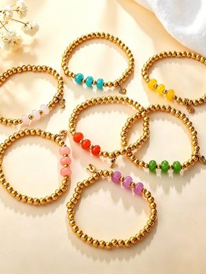 Dopamine Color Natural Stone Digital Pendant Gold Beaded Bracelet Stackable Bracelet