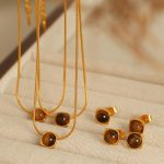 Jewelry Set Tigereye Inlaid Design Earrings Pendant Necklace High Cold Adult Lady like Woman