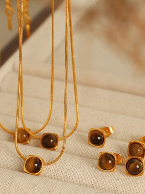 Jewelry Set Tigereye Inlaid Design Earrings Pendant Necklace High Cold Adult Lady like Woman
