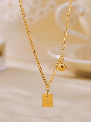 Square Plate Letters Good Luck Stitching Chain Light Luxury Necklace Stainless Steel Color Retention Clavicle Necklace Tide