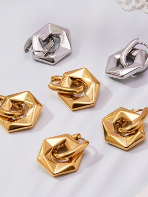 Metal Hollow Hexagonal Pendant Ear Clip Ins Simple All-Match Stainless Steel Earrings 18K Gold Plating