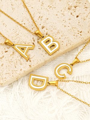 All-Match 26 English Letter Necklace Female White Shell Pendant Stainless Steel 18K Gold Plated Jewelry Chain