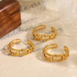 New Stainless Steel Plated 18K Diamond-Embedded Open Ring Retro Geometric Women's Ring