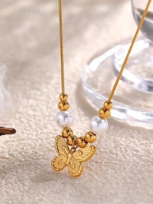 New Chinese Style Ancient Butterfly Pearl Necklace Stainless Steel Material Non-Fading Retro Ethnic Mid-Ancient Ornament Necklace