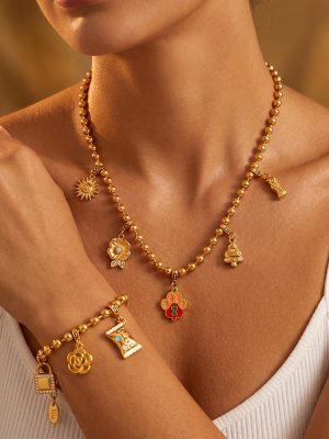 Vintage Cross Key DIY Multi-Pendant Gold round Beads Bracelet and Necklace Set Women