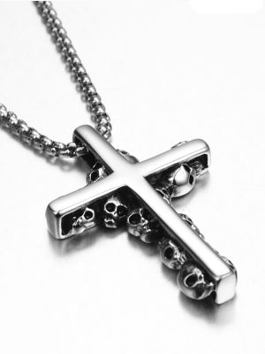 Cross Stainless Steel Men's Glossy Pendant Skull Necklace