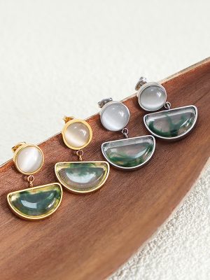 New Chinese Style National Temperament Non-Fading Earrings Natural Resin Opal Middle Ancient Glaze Gold Plated Ear Rings
