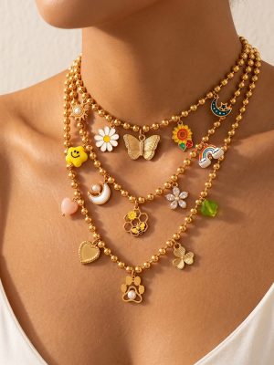 Vintage Bohemian Color Flowers Rainbow DIY Multi-Element Pendant round Beads Bracelet and Necklace Set