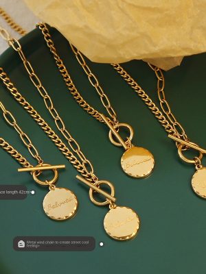 New Chain OT Buckle round Plate Pendant Clavicle Chain 18K Gold Plating Hip Hop High Street Necklace