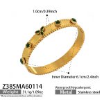 color: Z385-Gold Three-petal Flower Green Glass Stone Bangle