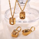 New Square Glass Stone Pendant Earrings Necklace Female Simple and Light Luxury Stainless Steel Ornament Female