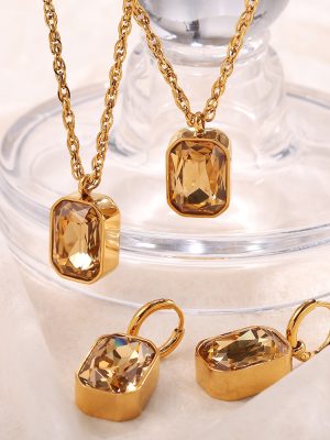 New Square Glass Stone Pendant Earrings Necklace Female Simple and Light Luxury Stainless Steel Ornament Female