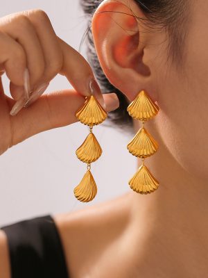 Ocean Series Beach Three Shell Tassel Earrings Retro Temperament Design Stainless Steel Gold Plated