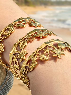 Women's Vintage Beach Ocean Coconut Shell Stainless Steel 18K Gold Plating Open-Ended Bracelet