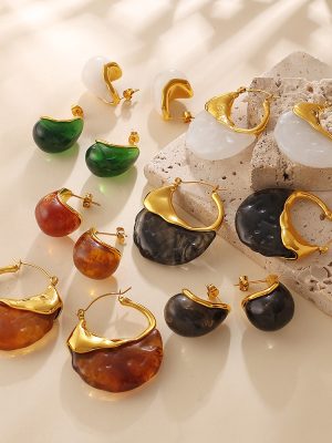 Mild Luxury Retro Amber Metal Edging Earrings 18K Gold Plated Advanced Drop-Shaped Earrings