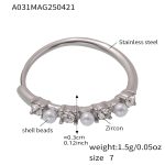 color: A031-Steel Color White Rhinestone Shell Pearl Ring / size: US 7