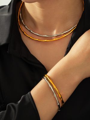National Fashion New Chinese Style Graceful Personality Elegant All-Match Ornament Bamboo Joint Stitching Design Stainless Steel Gold-Plated Jewelry Suit
