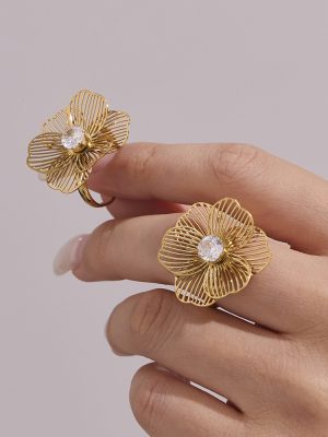 New Zircon Flower Tassel Necklace Earring Ring Bracelet Stainless Steel 18K Gold Set
