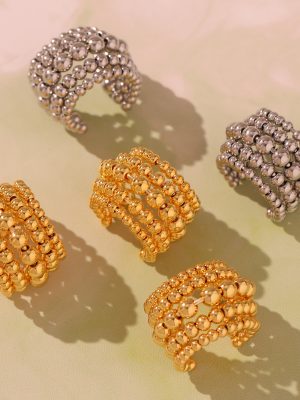 Heavy Industry Multi-Layer Steel Ball Chain Stitching Ring Geometric Open Ring Fashionable Ornament
