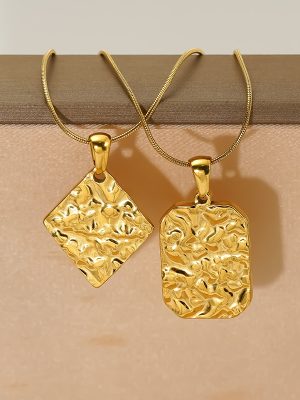 Square Tag Necklace for Women, Stainless Steel with 18K Gold Plating, Vintage High-End Pendant