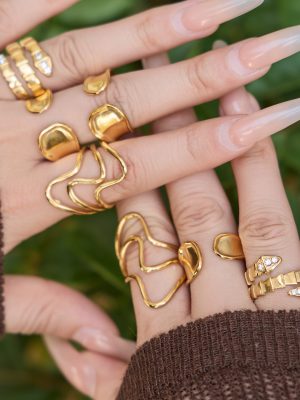 Light Luxury Stainless Steel Snake-Shaped Zircon Geometric Ring Set 18K Gold Color Protection Design All-Match Earrings