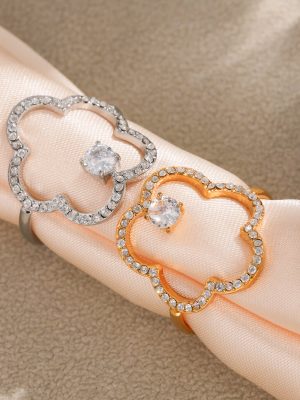 5A Super Flash Zircon Flower Ring Stainless Steel Plated 18K Real Gold Opening Design Refined Grace Index Finger Ring