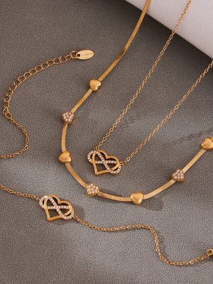 Super Exquisite Full Diamond 8-Word Heart-Shaped Ultra-Fine Chain Twin Collarbone Necklace Bracelet PVD Gold-Plated Advanced Suit