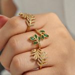 Geometric Stainless Steel Plated 18K Gold Leaves Zircon Ring Light Luxury and Simplicity Ornament Female Ring