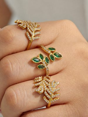 Geometric Stainless Steel Plated 18K Gold Leaves Zircon Ring Light Luxury and Simplicity Ornament Female Ring
