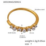 color: A031-Gold White Rhinestone Shell Pearl Ring / size: US 7