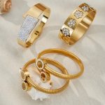 Stainless Steel Inlaid Zircon Flower Open-Ended Bracelet Combination PVD Gold-Plated Gorgeous Light Luxury Bracelet Does Not Fade