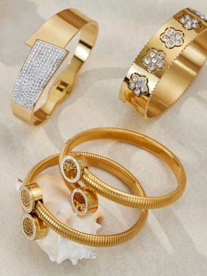 Stainless Steel Inlaid Zircon Flower Open-Ended Bracelet Combination PVD Gold-Plated Gorgeous Light Luxury Bracelet Does Not Fade