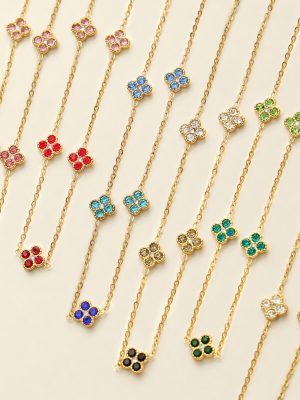 Dopamine Four-Leaf Flower Stainless Steel Plated 18K Gold Inlaid Zircon Necklace Bracelet Female Accessories Set